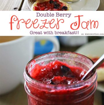Double Berry Freezer Jam is a simple homemade preserves recipe that takes just about 10 minutes. Perfect for all that summer fruit from the garden! It's great with breakfast or paired with your peanut butter. I even like to add some to my ice cream!