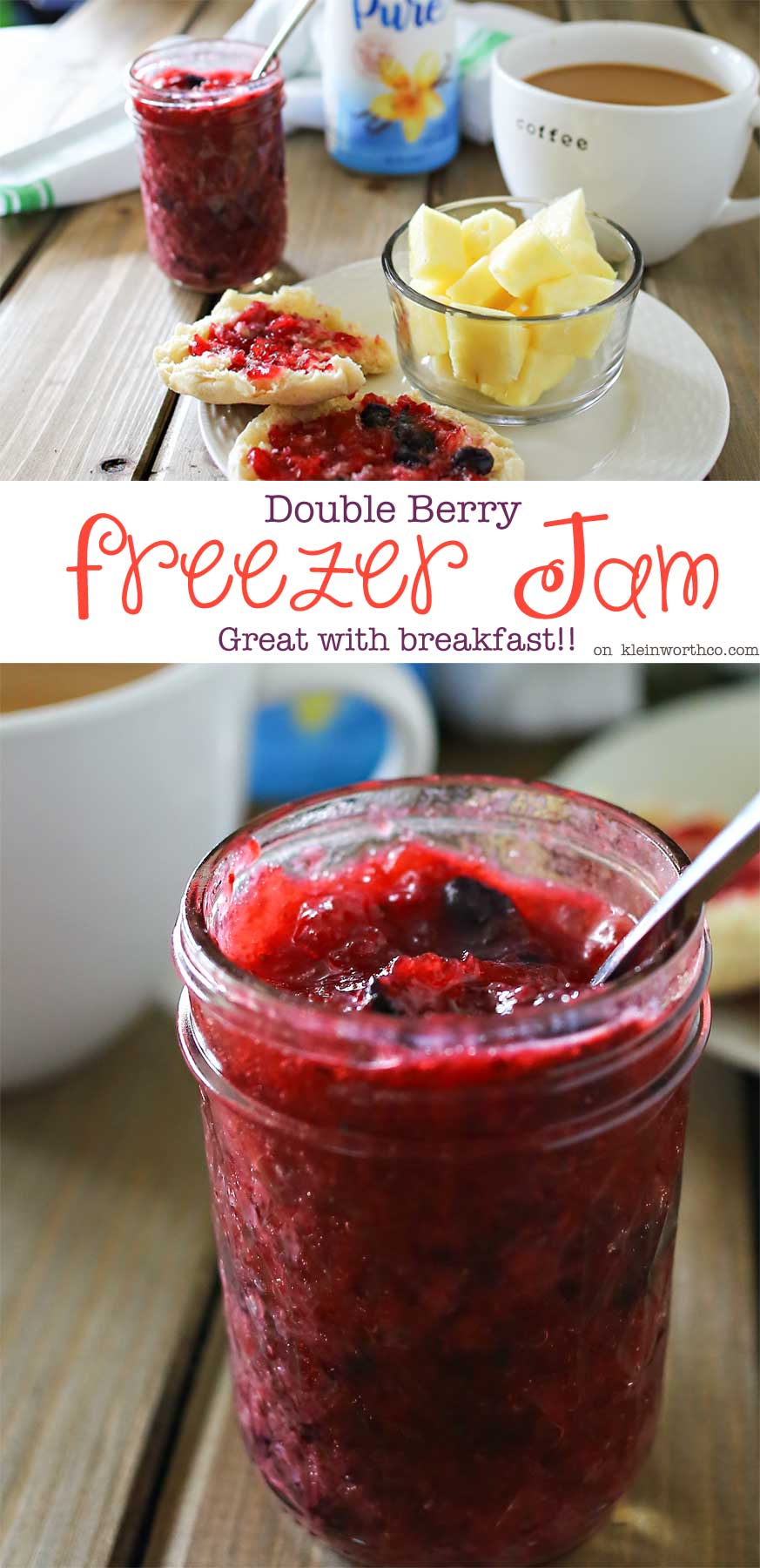 Double Berry Freezer Jam is a simple homemade preserves recipe that takes just about 10 minutes. Perfect for all that summer fruit from the garden! It's great with breakfast or paired with your peanut butter. I even like to add some to my ice cream!