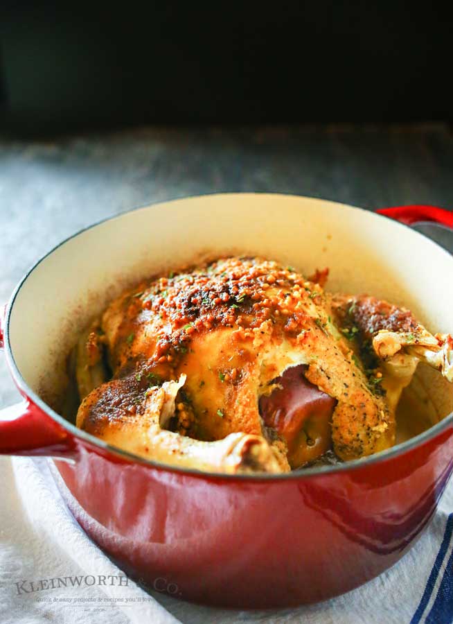 Dutch Oven Garlic Chicken is a simple chicken dinner recipe that takes just a few minutes of prep & a couple hours to cook. Easy family dinner ideas like roasted chicken are great! I love how simple it is!