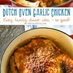 Dutch Oven Garlic Chicken is a simple chicken dinner recipe that takes just a few minutes of prep & a couple hours to cook. Easy family dinner ideas like roasted chicken are great! I love how simple it is!