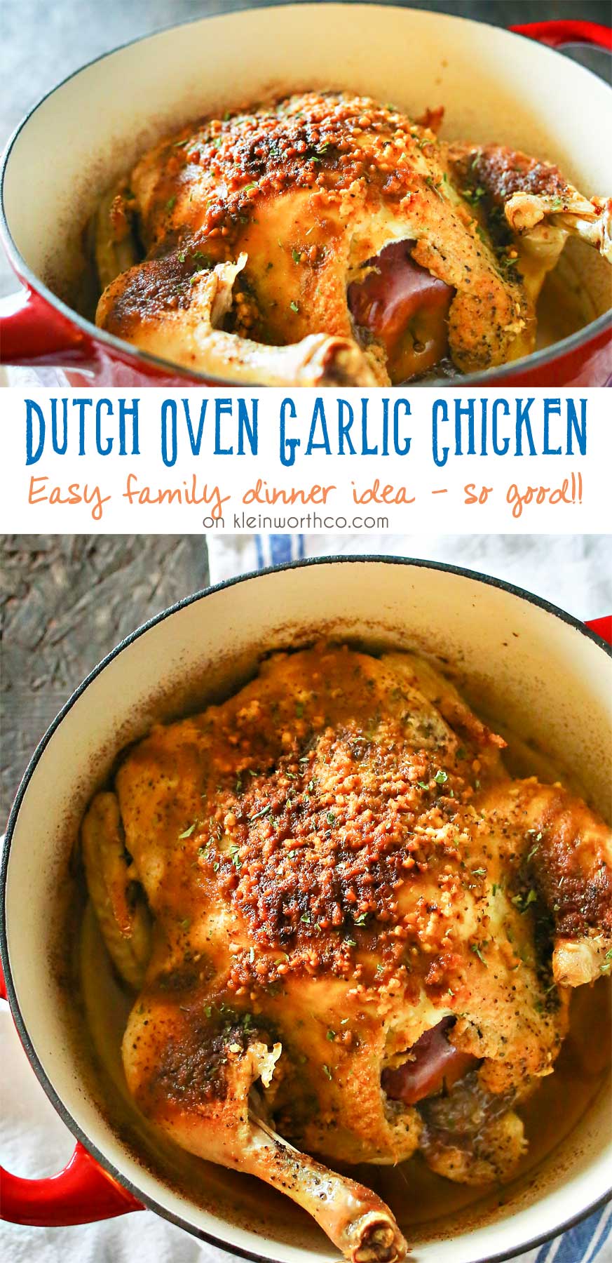 Dutch Oven Garlic Chicken is a simple chicken dinner recipe that takes just a few minutes of prep & a couple hours to cook. Easy family dinner ideas like roasted chicken are great! I love how simple it is!