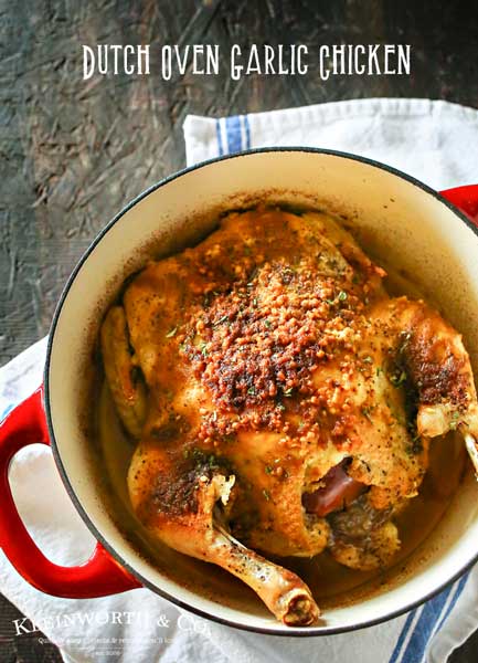 Dutch Oven Garlic Chicken is a simple chicken dinner recipe that takes just a few minutes of prep & a couple hours to cook. Easy family dinner ideas like roasted chicken are great! I love how simple it is!