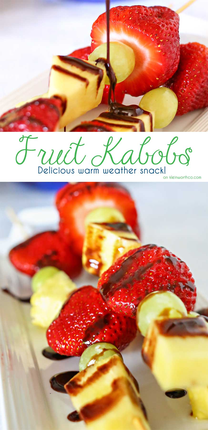 Fruit Kabobs are a simple low calorie dessert idea that makes both kids & adults smile. They are great for parties & backyard BBQ's too! Pick your favorite fruits & create some fabulous combinations.