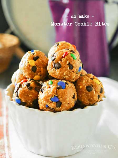 Monster Cookie Bites are an easy no-bake dessert that any M&M lover will ask for time & time again. Oats, peanut butter & honey make these a great snack!