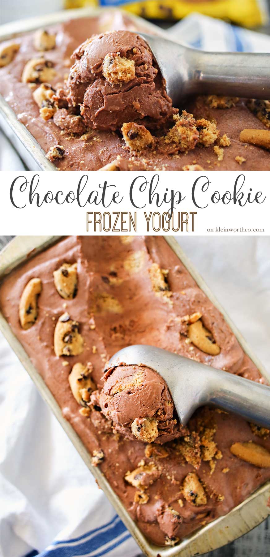 Chocolate Chip Cookie Frozen Yogurt is a simple homemade no churn frozen yogurt recipe that is sure to delight! Chocolate frozen yogurt packed full of chocolate chip cookies, it's an easy frozen dessert recipe you'll love!