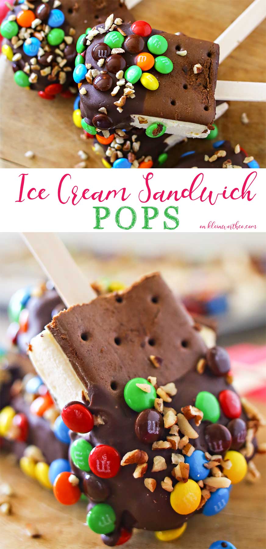 Ice Cream Sandwich Pops are an easy summer treat to make. Made with a simple ice cream sandwich, chocolate & decorations they are a perfect frozen treat. Make some for all of your celebrations, holidays & backyard BBQ's this summer. 