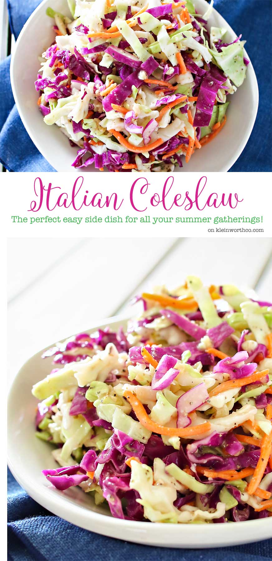 Italian Coleslaw is a twist on the classic backyard bbq side dish. Zesty & flavorful, this coleslaw recipe is sure to be a favorite all summer long.