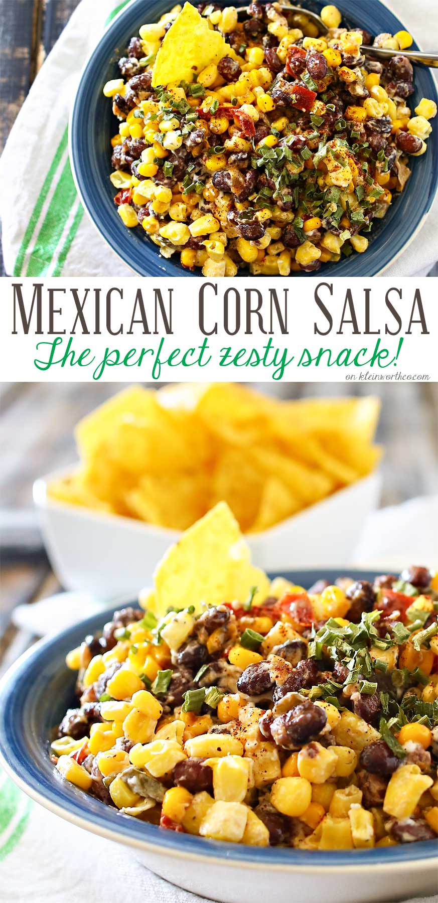 Mexican Corn Salsa is a zesty blend of corn, black beans, peppers, chiles & onions sauteed in butter & spices & mixed with a kicky lime crema. Scrumptious! It's so good by itself or mixed in other dishes.