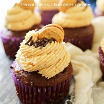 Peanut Butter Chocolate Cupcakes are the perfect cupcake recipe for peanut butter & chocolate lovers. Topped with a peanut butter cookie & sprinkles- Yummy!