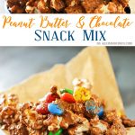 Peanut Butter Chocolate Snack Mix is made with popcorn, Chex cereal, M&M's & peanut butter & chocolate chips making one of our favorite chex mix recipes. It's seriously one of those recipes I can't stop eating. Peanut butter & chocolate are always a favorite.