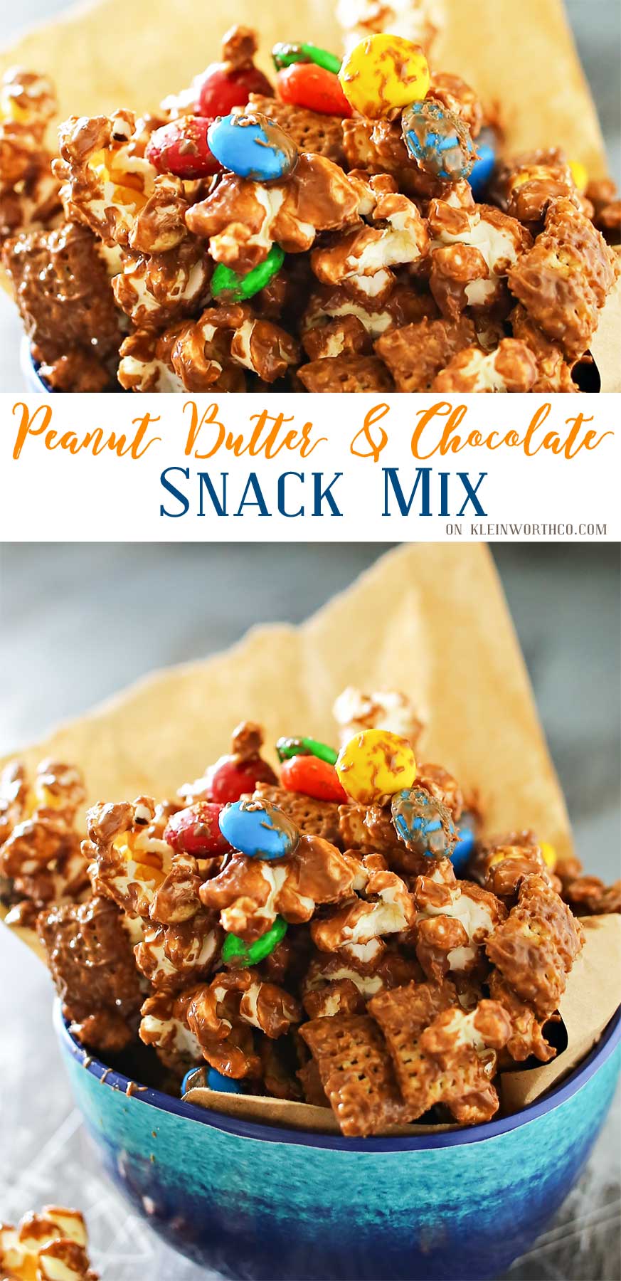 Peanut Butter Chocolate Snack Mix is made with popcorn, Chex cereal, M&M's & peanut butter & chocolate chips making one of our favorite chex mix recipes. It's seriously one of those recipes I can't stop eating. Peanut butter & chocolate are always a favorite.