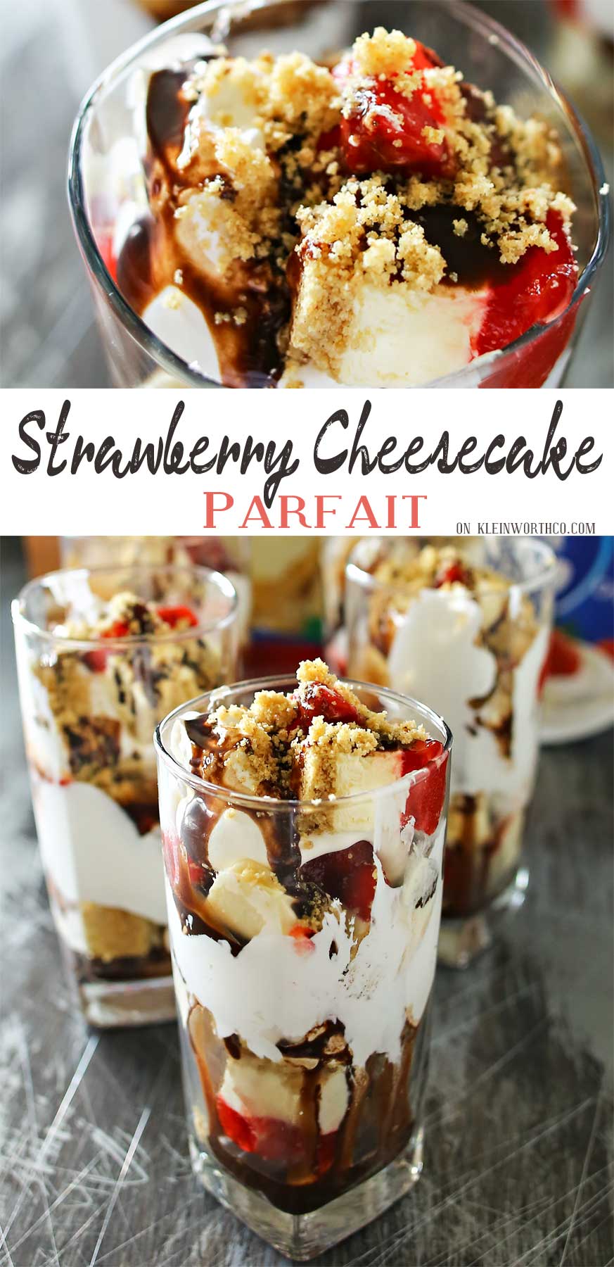 Strawberry Cheesecake Parfait is made with chunks of strawberry topped cheesecake, whipped topping, chocolate syrup & graham cracker sprinkles. A perfect easy treat to serve for Mother's Day.