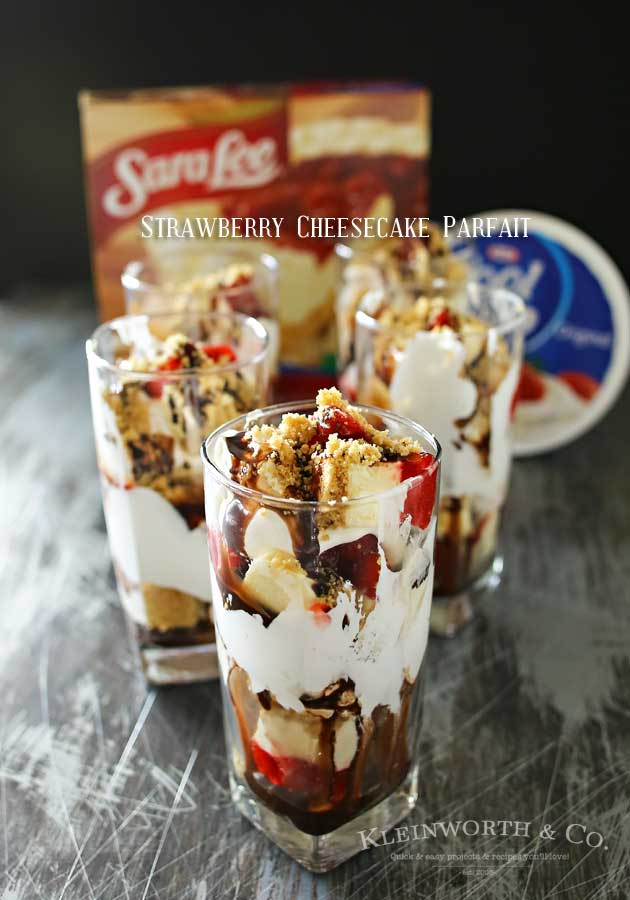 Strawberry Cheesecake Parfait is made with chunks of strawberry topped cheesecake, whipped topping, chocolate syrup & graham cracker sprinkles. A perfect easy treat to serve for Mother's Day.