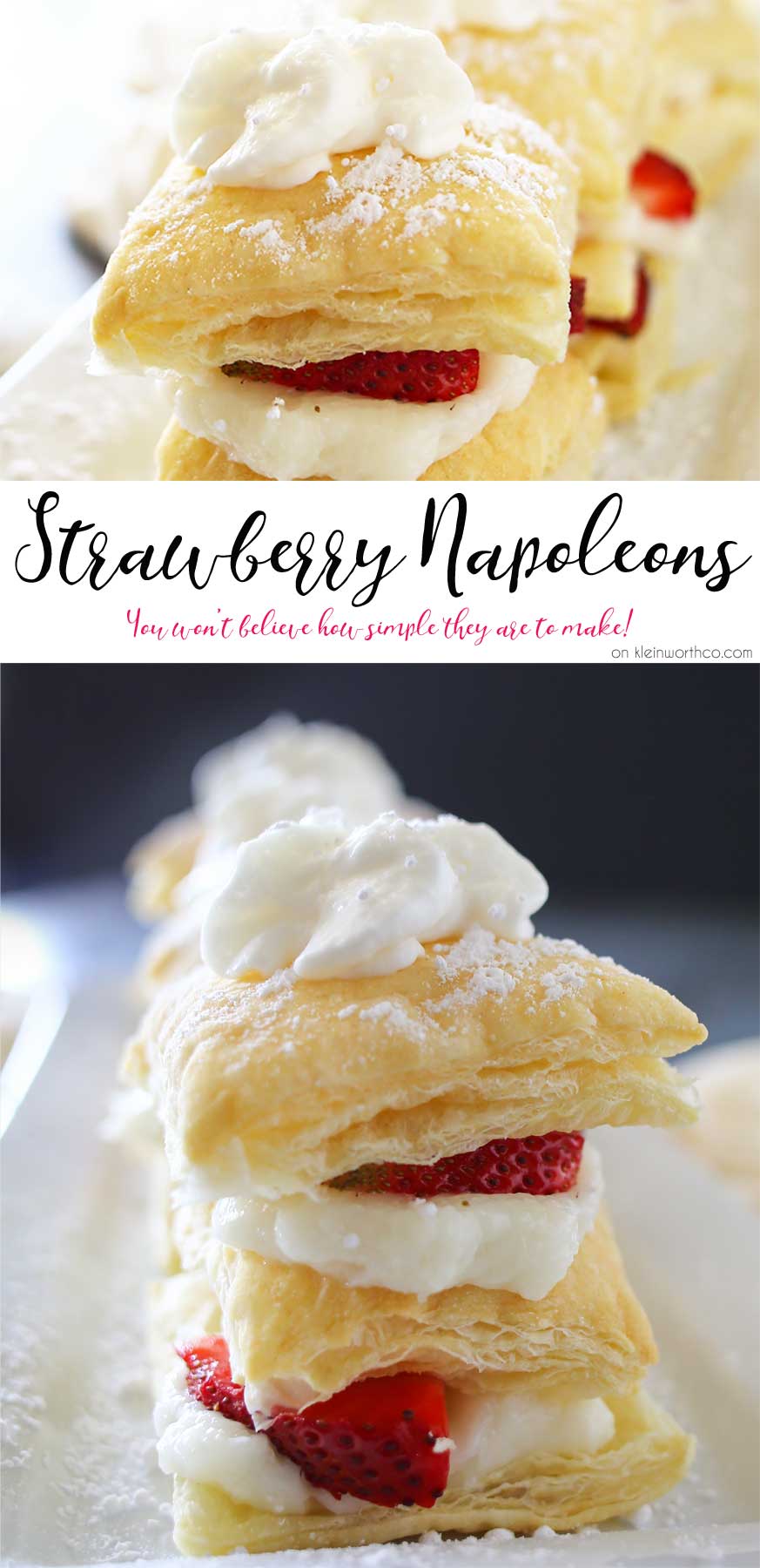 Strawberry Napoleons are an easy dessert recipe made with puff pastry, pudding, strawberries & dusted with confectioners sugar. The perfect summer dessert for any occasion.