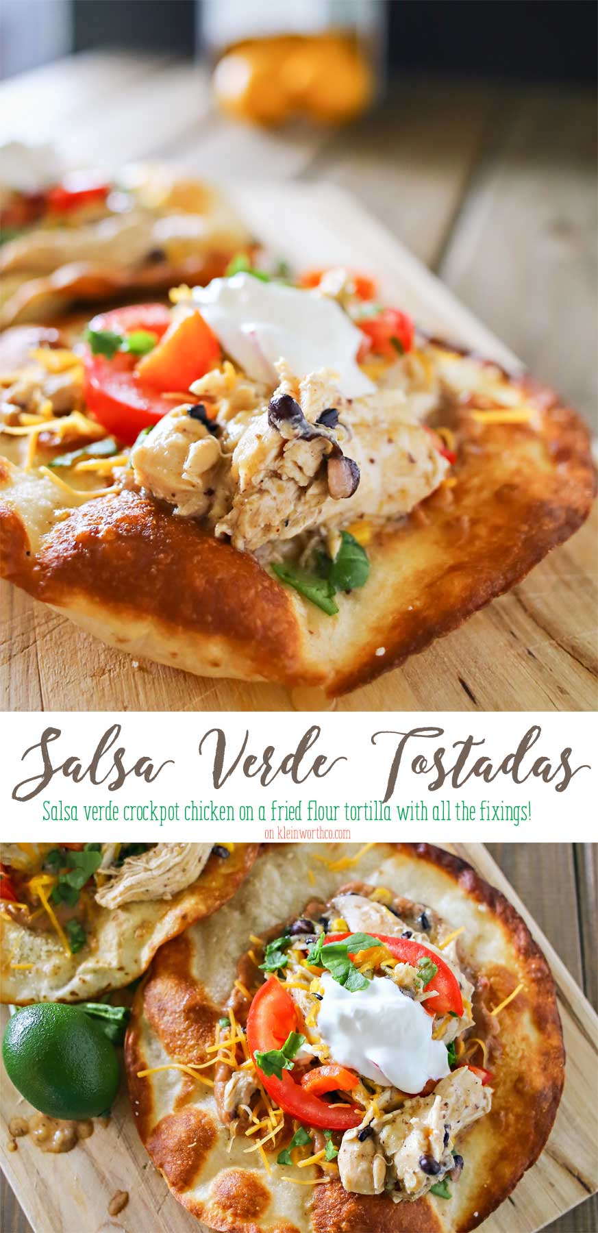 Salsa Verde Tostadas are a simple chicken dinner made mostly in the slow cooker. If you love easy crock pot meals- this one is for you! Just simmer & serve.