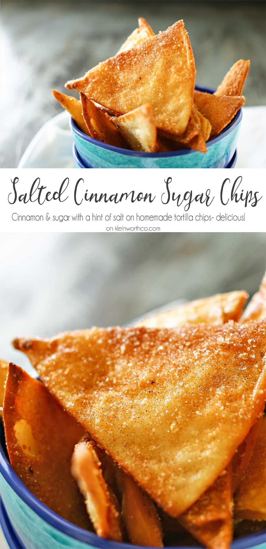 Salted Cinnamon Sugar Chips are easy homemade tortilla chips dusted with delicious cinnamon & sugar & a hint of sea salt. Perfect for dipping in a dessert or dunking in a warm bowl of chocolate sauce. YUUUMMM!!!