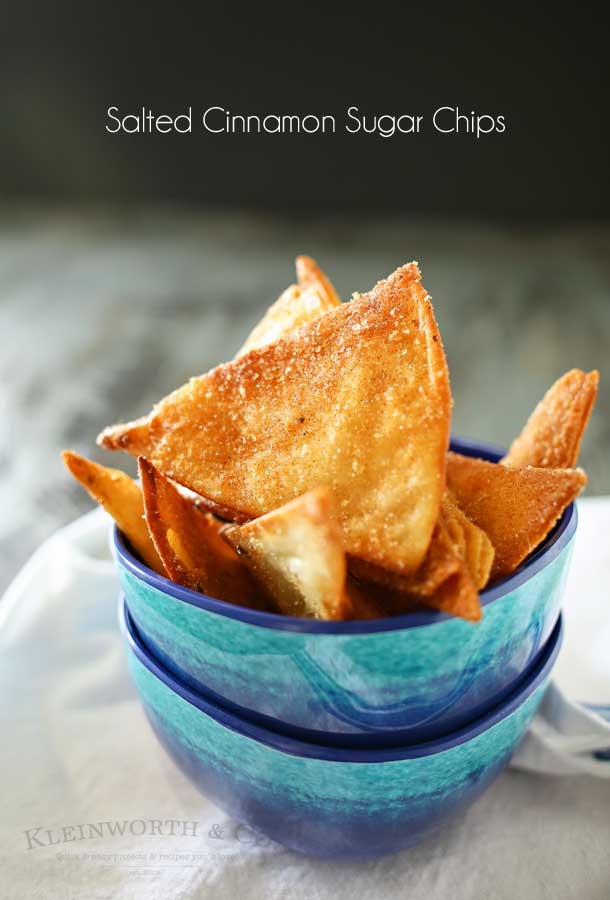 Salted Cinnamon Sugar Chips are easy homemade tortilla chips dusted with delicious cinnamon & sugar & a hint of sea salt. Perfect for dipping in a dessert or dunking in a warm bowl of chocolate sauce. 