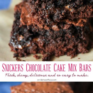 Snickers Chocolate Cake Mix Bars are like a super thick but chewy brownie. A simple cake mix brownie loaded with candy bars that are just another yummy bar recipe you don't want to miss. YUM! I absolutely swoon over these.