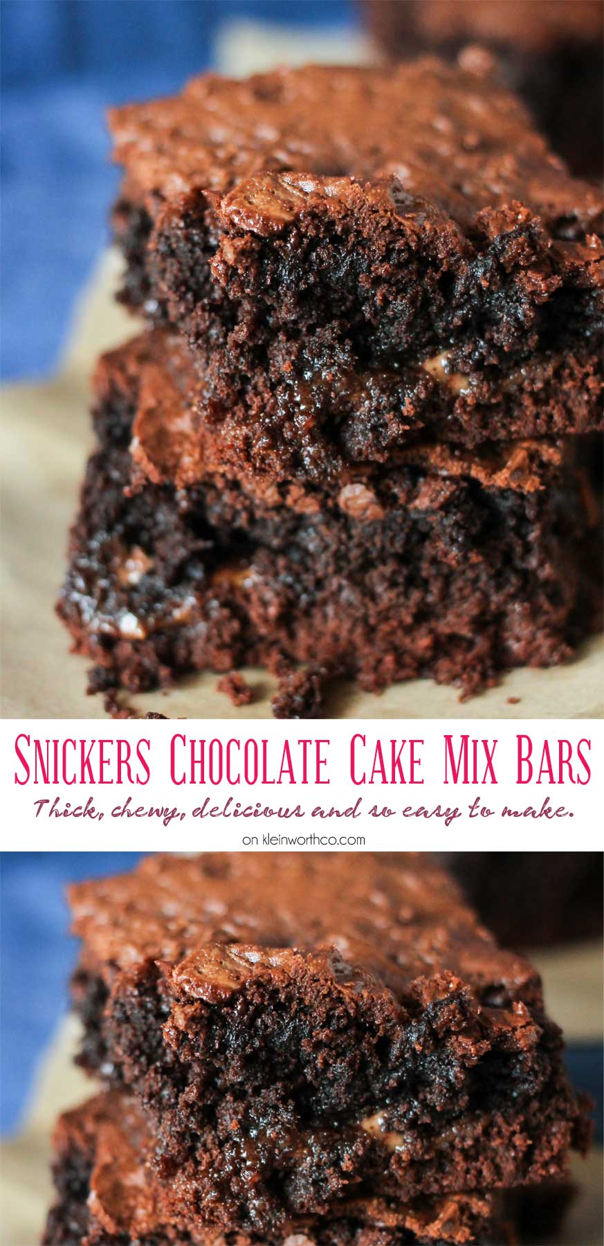 Snickers Chocolate Cake Mix Bars are like a super thick but chewy brownie. A simple cake mix brownie loaded with candy bars that are just another yummy bar recipe you don't want to miss. YUM! I absolutely swoon over these.