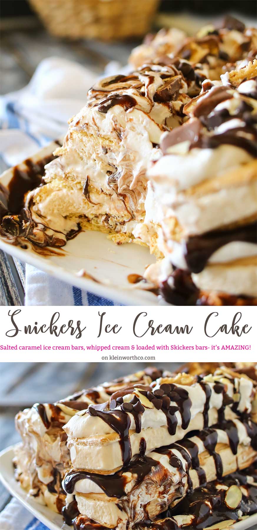 Snickers Ice Cream Cake is made with salted caramel ice cream bars, whipped cream & loaded with Snickers candy bars. It's over the top amazing!