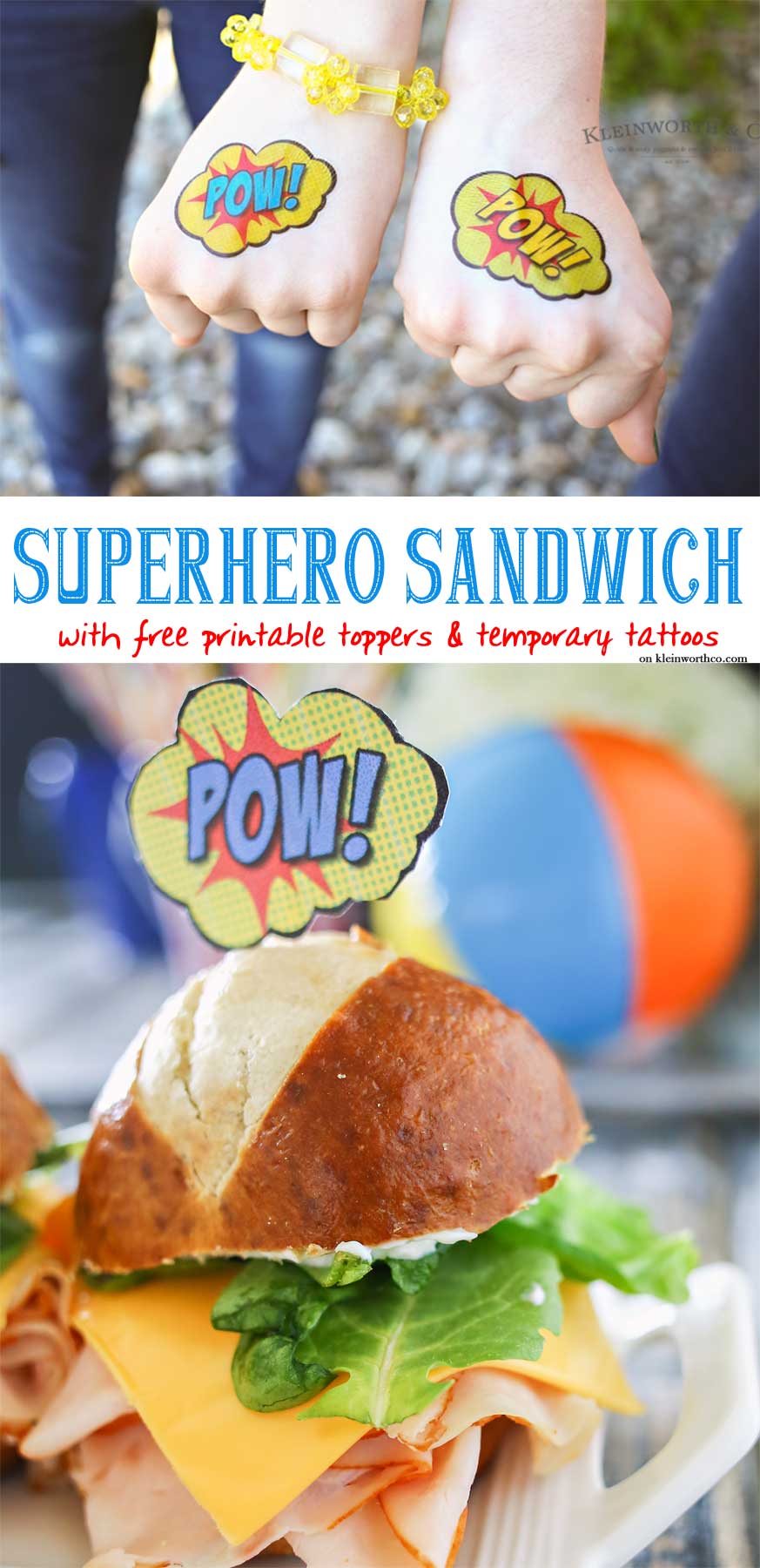 Superhero Sandwich is a fun meal for kids with these FREE printable sandwich toppers & matching temporary tattoos. Make your kid's summer adventurous!