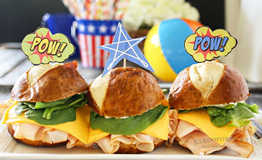 Superhero Sandwich is a fun meal for kids with these FREE printable sandwich toppers & matching temporary tattoos. Make your kid's summer adventurous!