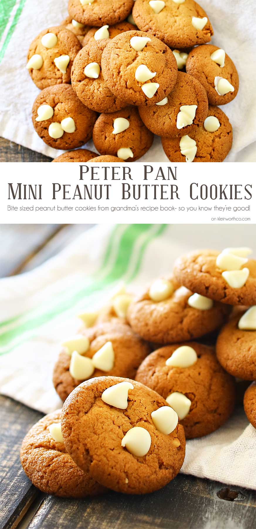 Peter Pan Peanut Butter Cookies are mini, soft & chewy peanut butter cookies with white chocolate chips. Perfect for the peanut butter lover in your life!!