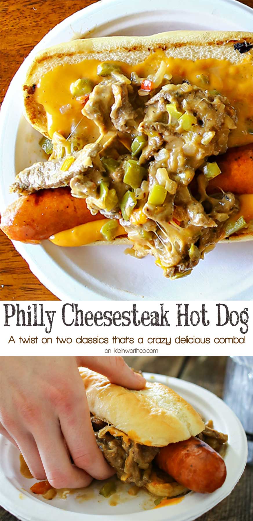 Philly Cheesesteak Hot Dog is a twist on two iconic food recipes. Combining grilled hot dogs & the best philly cheesesteak recipe is over the top amazing!