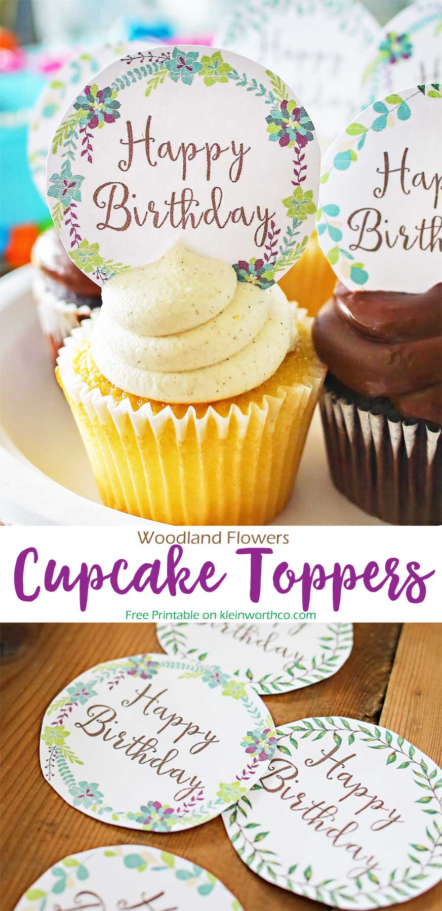 Woodland Flowers Cupcake Toppers are easy cake decorations for birthday parties. Free printables cupcake ideas for girls parties or a woodland party theme.