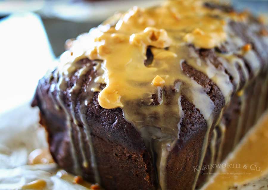 Chocolate zucchini bread topped with peanut butter glaze is scrumptious.