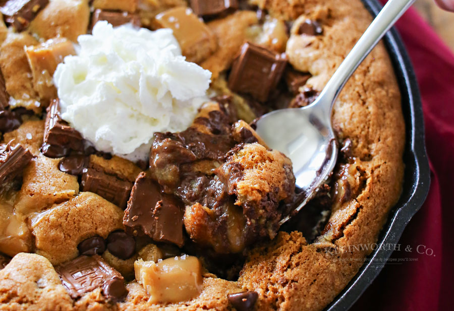 Dessert Recipes - Salted Caramel Skillet Cookie is much like a Pizookie. A giant, thick & chewy chocolate chip cookie baked in an iron skillet with salted caramel.