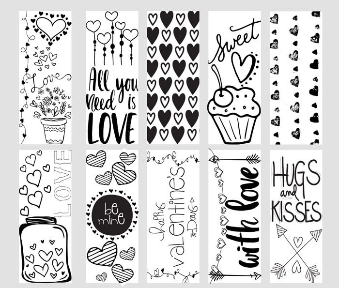 Valentine Printable Coloring Page Bookmarks