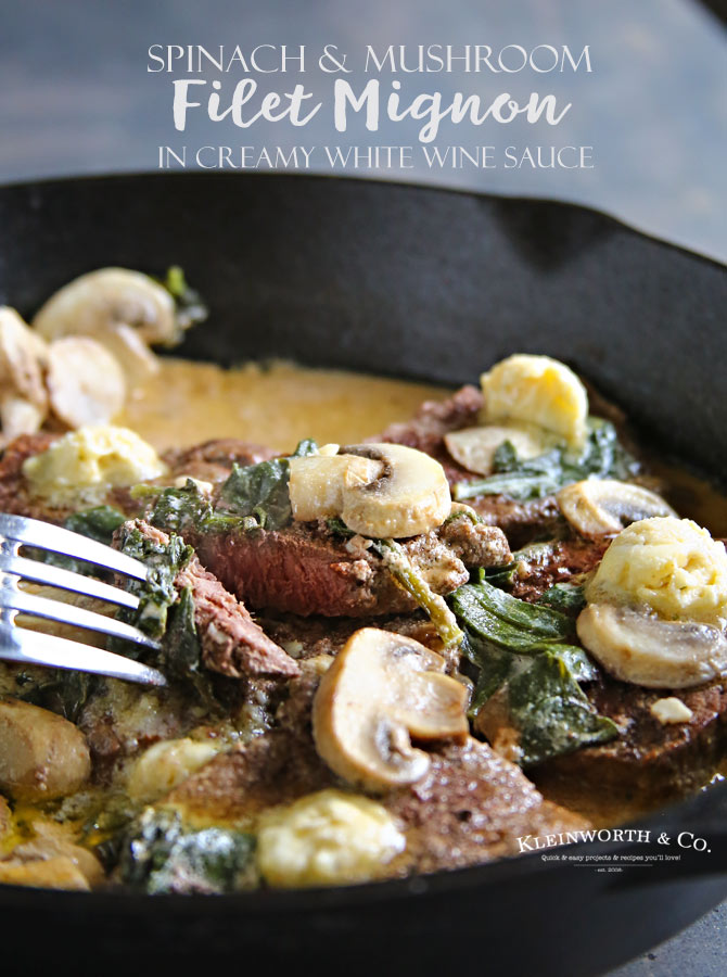 Spinach Mushroom Filet Mignon in Creamy White Wine Sauce