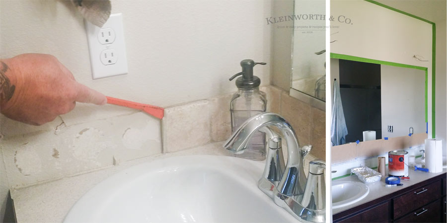 Master Bath Mini Budget Makeover removing tiles and prep work