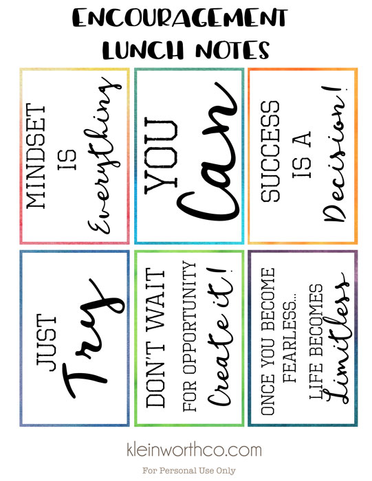Encouragement Printable Lunch Notes Back to School