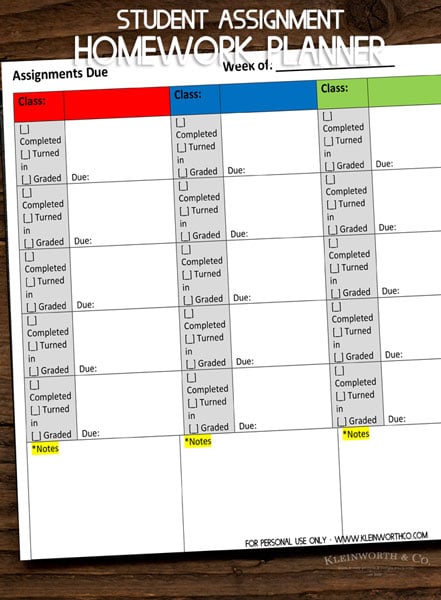 Student Assignment Homework Planner Printable