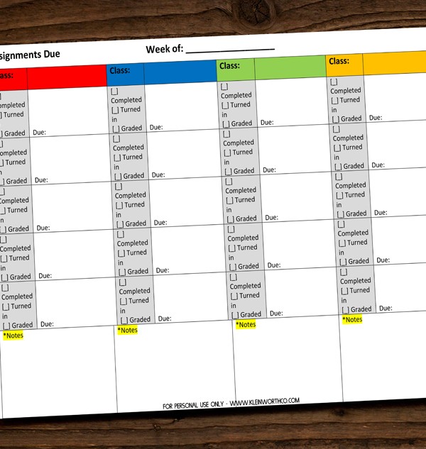 Student Assignment Homework Planner Printable