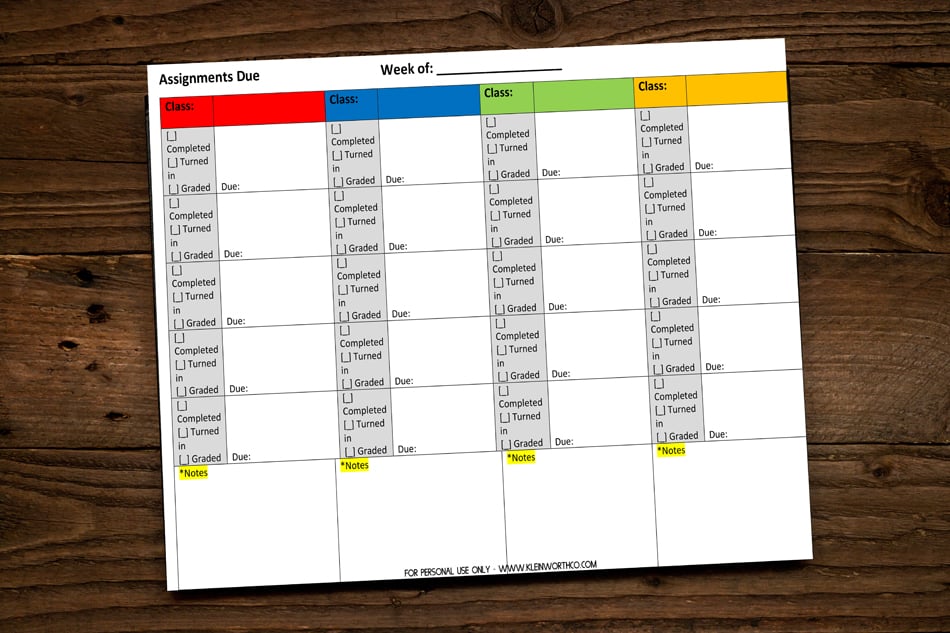 Student Assignment Homework Planner Printable - Taste of the Frontier