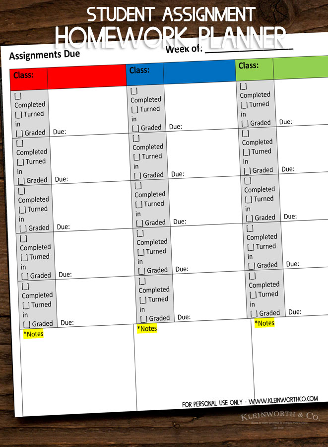 Student Assignment Homework Planner Printable