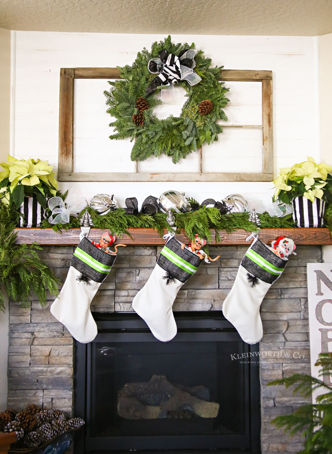 Black and white Christmas mantel