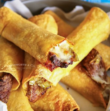 game day recipe - Air Fried Philly Cheesesteak Taquitos