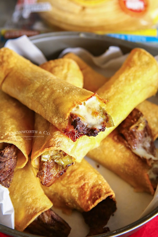 game day recipe - Air Fried Philly Cheesesteak Taquitos