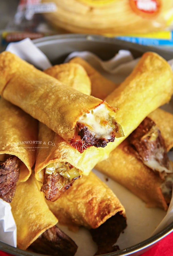 game day recipe - Air Fried Philly Cheesesteak Taquitos
