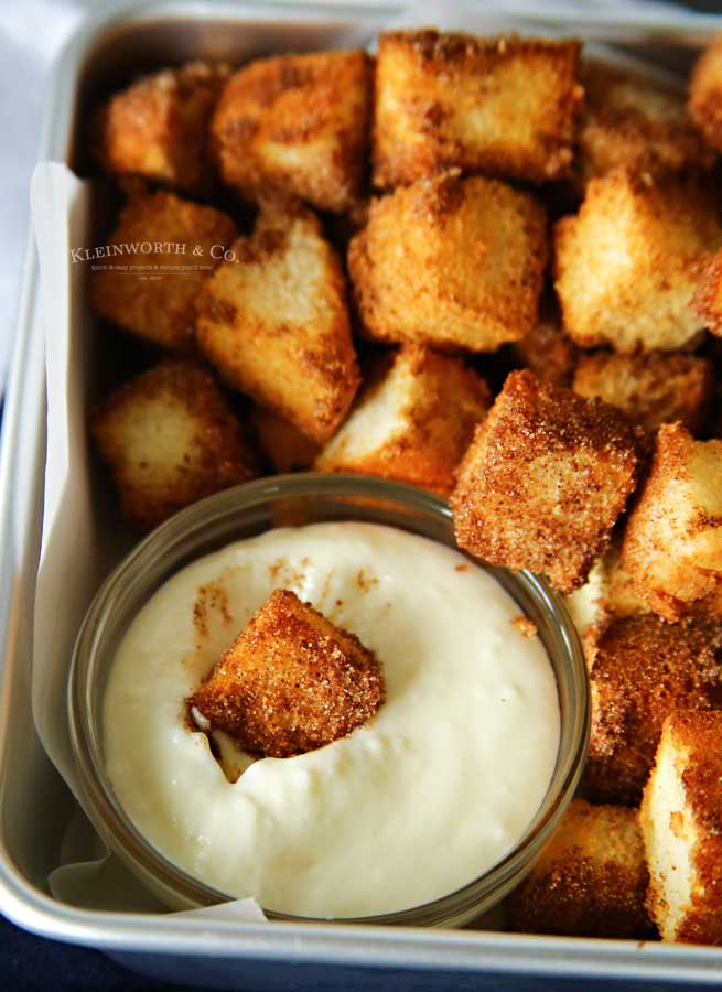 Air Fryer Angel Food Cake Churro Bites with cream cheese dipping sauce