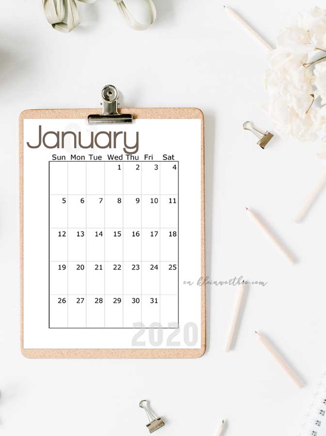 download vertical 2020 Free Printable Calendar