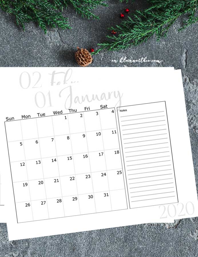 Calendar with notes section - 2020 Free Printable Calendar