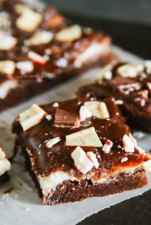 Chocolate Ganache -Frosted Peppermint Bark Brownies