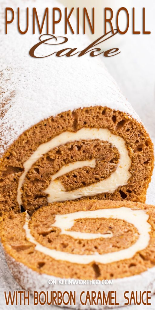 Pumpkin Roll Cake with Bourbon Caramel Sauce