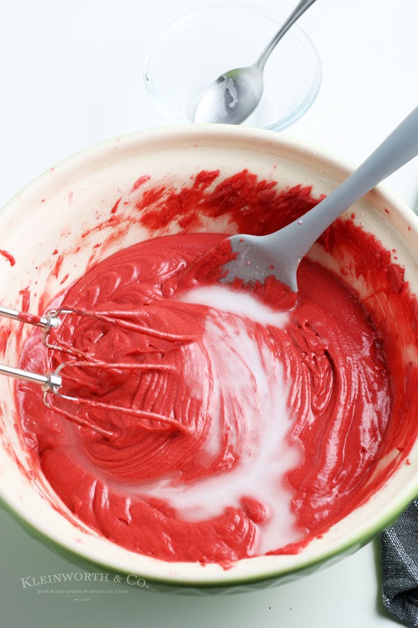 mixing red velvet cake
