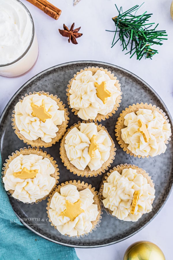 plate of eggnog cupcakes for a party